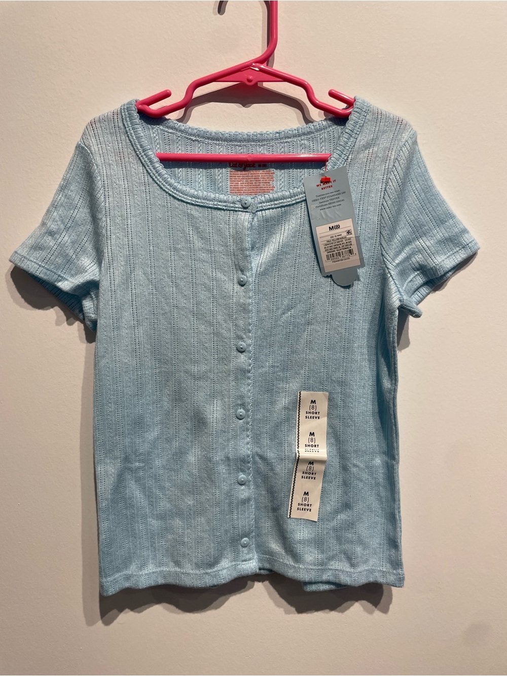 Cat & Jack Girls Button Ribbed T-Shirt Light Blue Size M(8) NWT